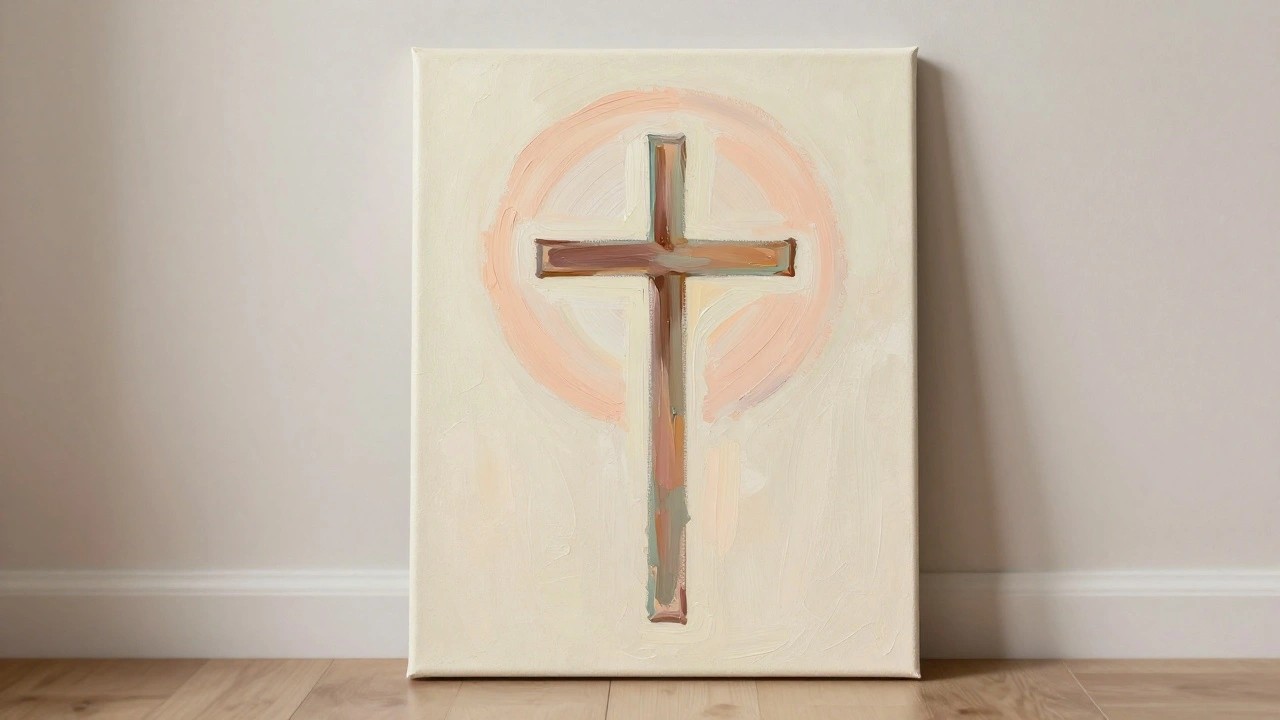 Abstract painting of a brown cross over a soft peach circle on white canvas.