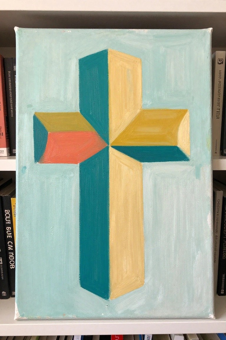 Abstract geometric cross with yellow, teal, and red blocks on light blue background
