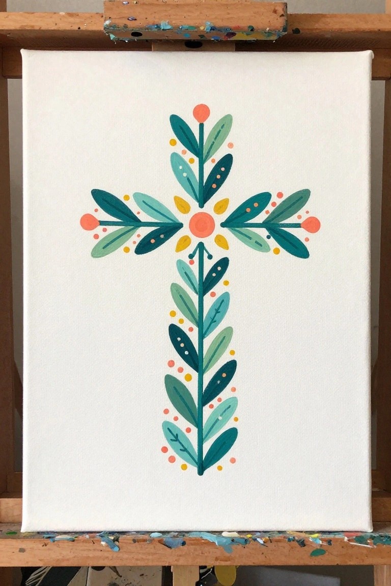 Vibrant leafy cross in teal, green, and coral with dots on white canvas