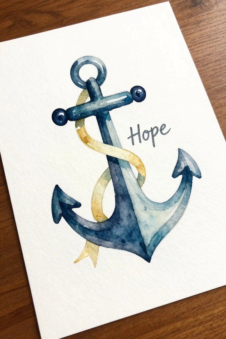 Blue watercolor anchor with yellow ribbon and cursive 