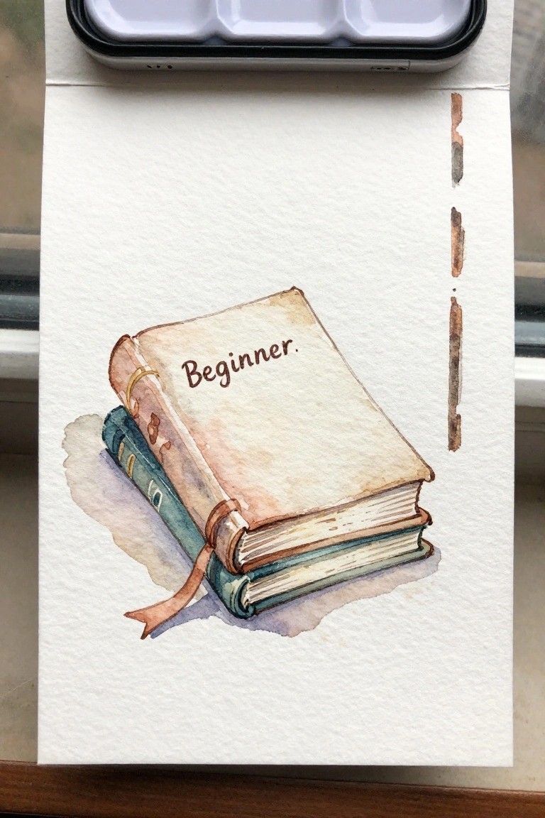 Watercolor of stacked 'Beginner' book atop teal volume with ribbon, palette, and swatches