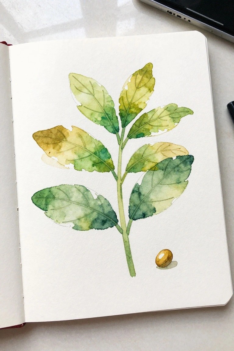 Watercolor painting in open sketchbook of green-yellow leaves on stem with small seed.