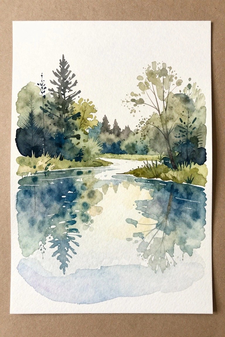 A watercolor painting of trees and foliage reflected in a calm body of water with a light path visible in the distance.