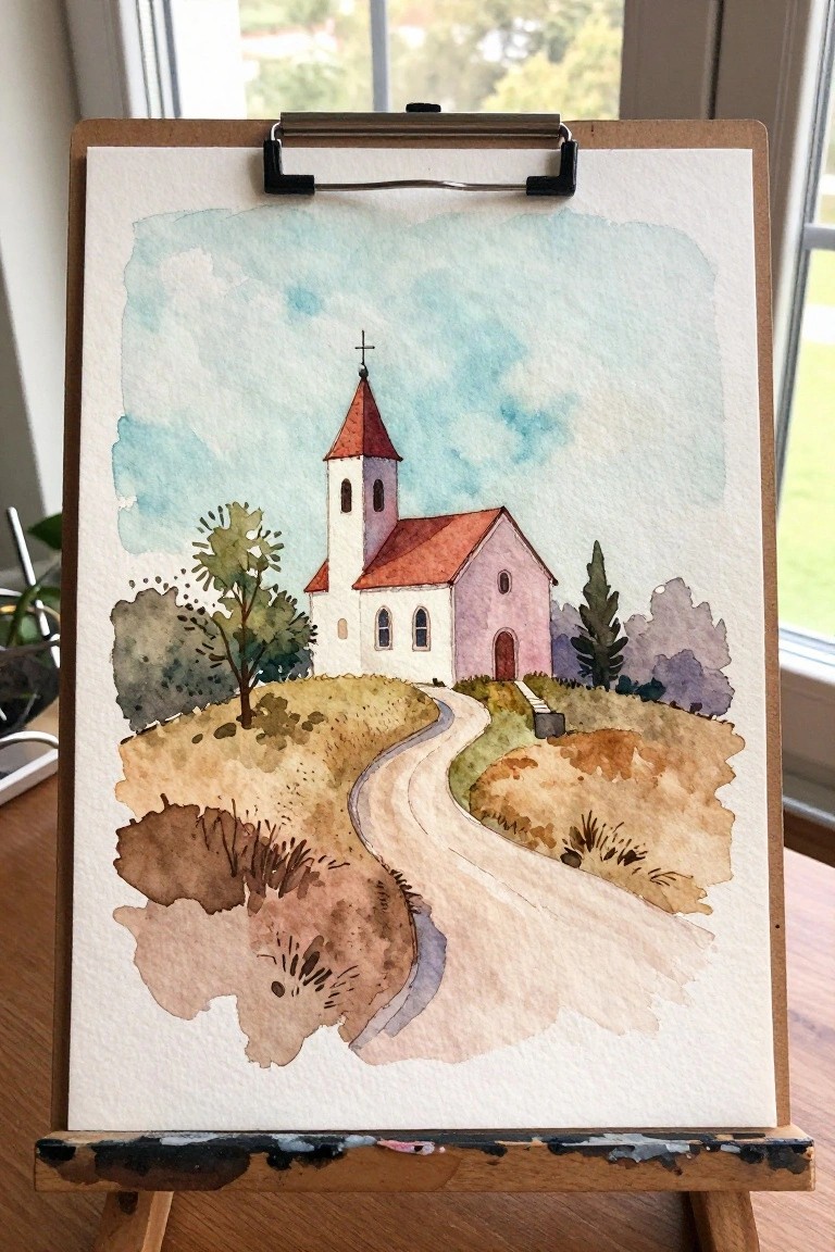 Watercolor painting on easel of pink church with steeple beside winding path through hills.
