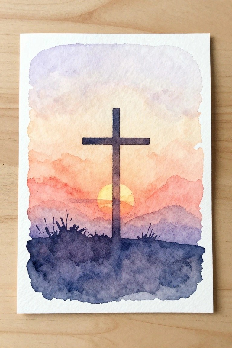 Watercolor painting of silhouetted cross against orange-purple sunset over mountains with sun