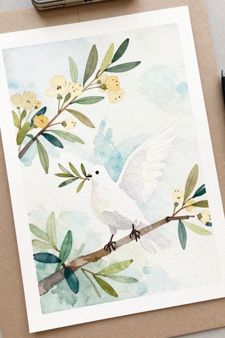 Watercolor painting of white dove with olive branch perched amid yellow flowers on limb