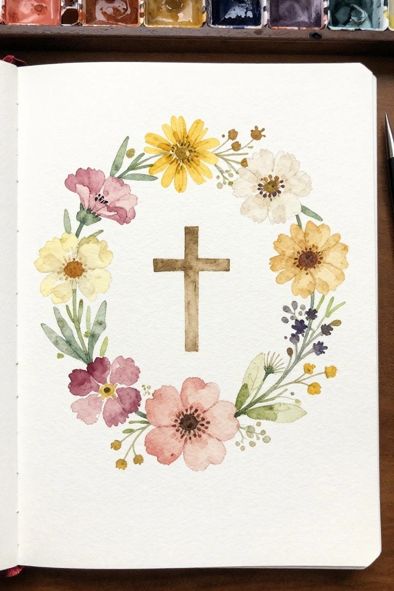 Open notebook with watercolor floral wreath encircling brown cross and paint palette above