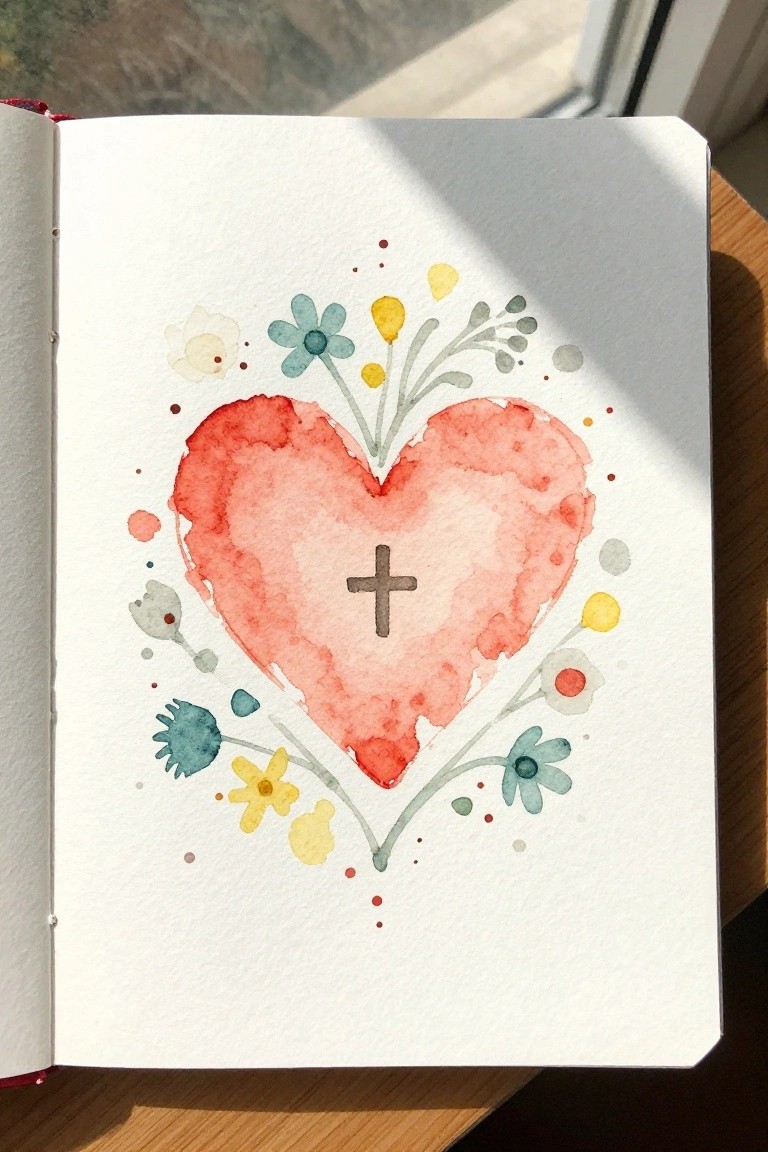 Watercolor heart with cross amid colorful flowers and dots in open notebook