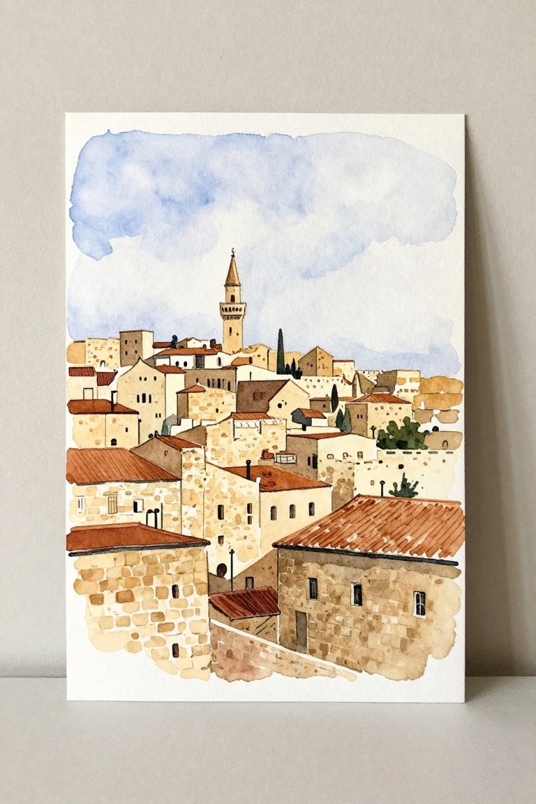 Watercolor of hillside stone town with red-tiled roofs and tall tower under blue sky.