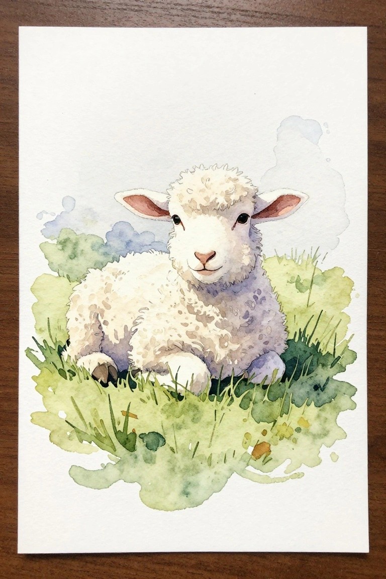 Watercolor of a fluffy white lamb resting in lush green grass.