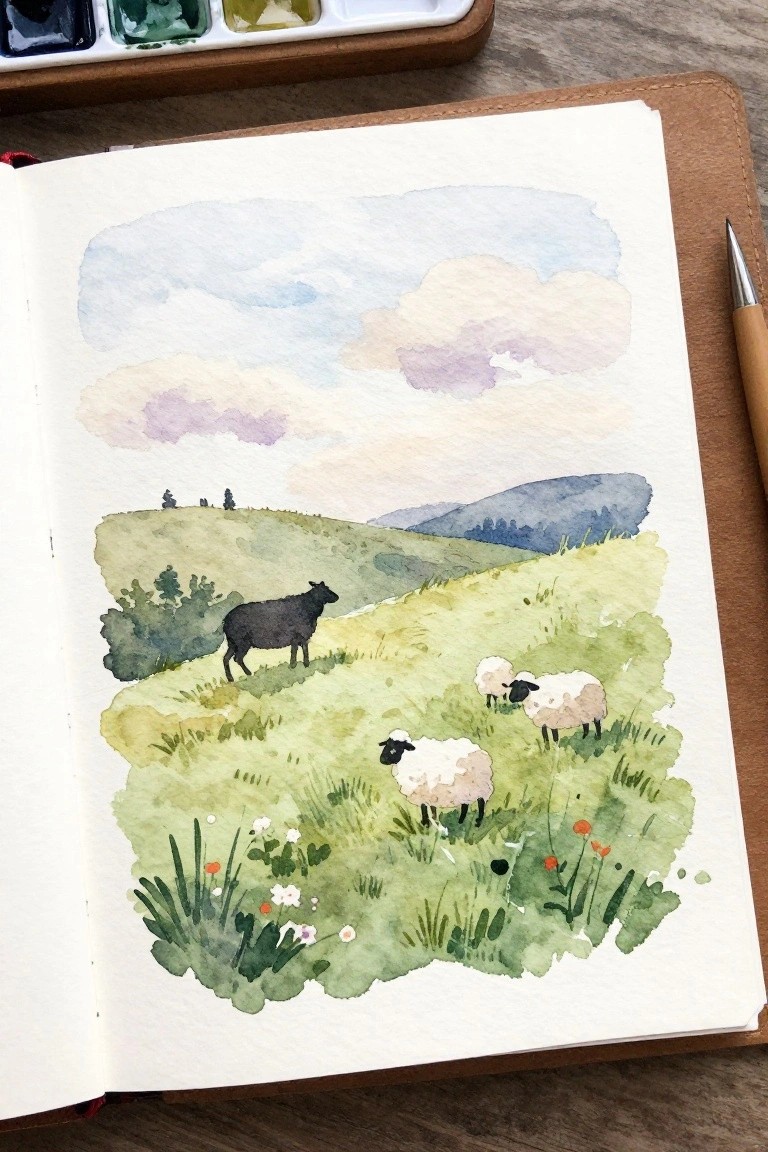 Watercolor painting of three sheep on green hills with clouds and flowers in a sketchbook.