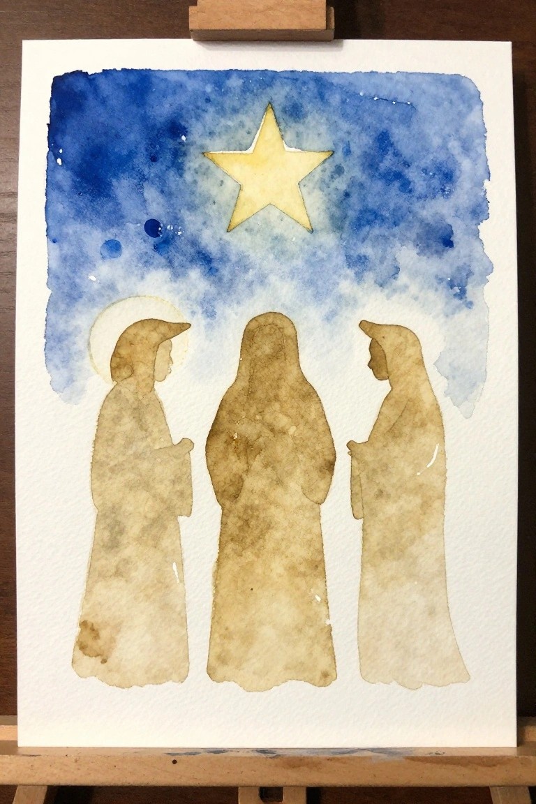 Three robed figures with halos under large yellow star in blue watercolor sky