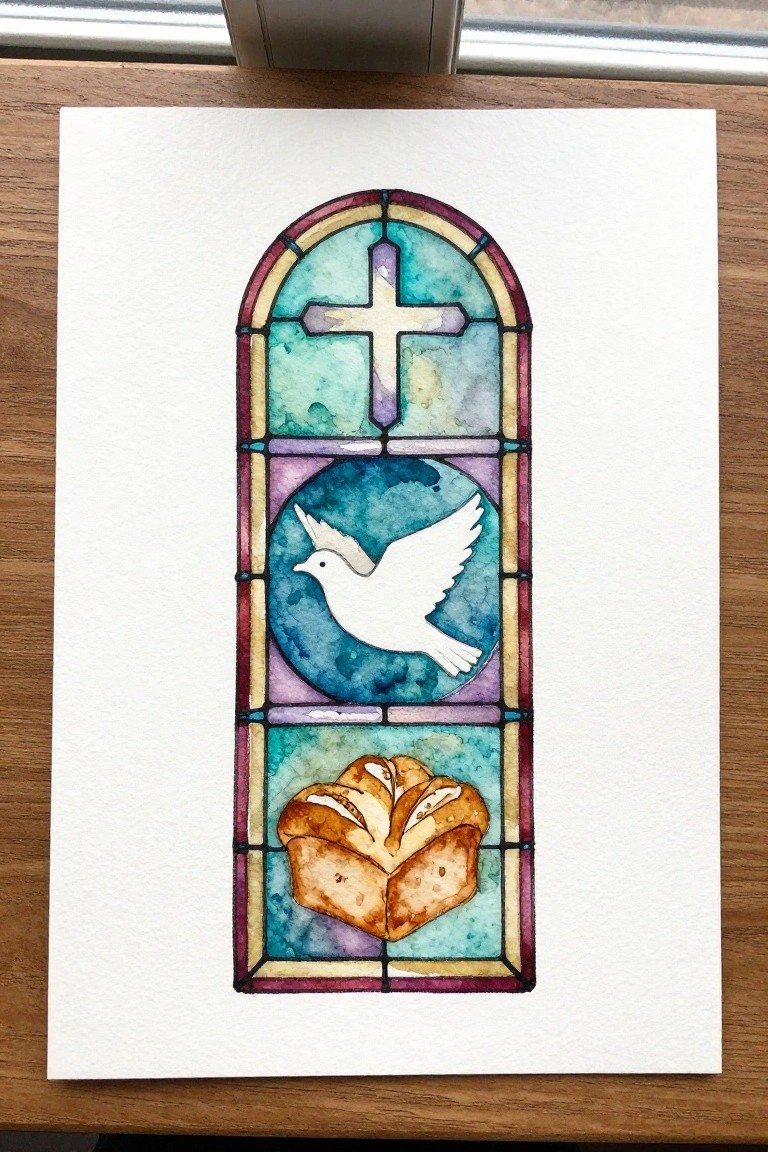 Watercolor of arched stained glass window with cross, dove, and bread
