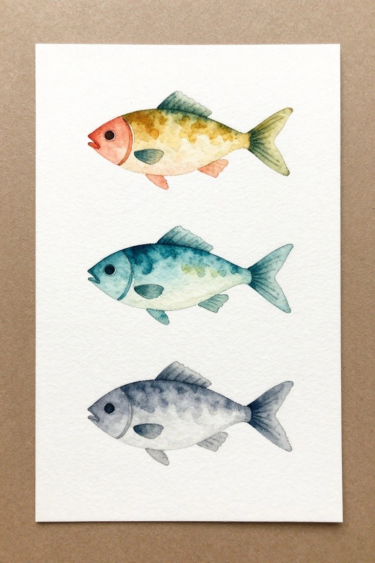 Three watercolor fish in red-yellow, blue-green, and gray tones stacked on white paper.