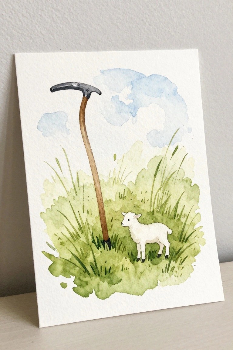 Watercolor scene of scythe in green grass beside white lamb under blue clouds