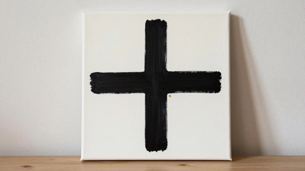 White canvas with a bold black cross centered on its surface
