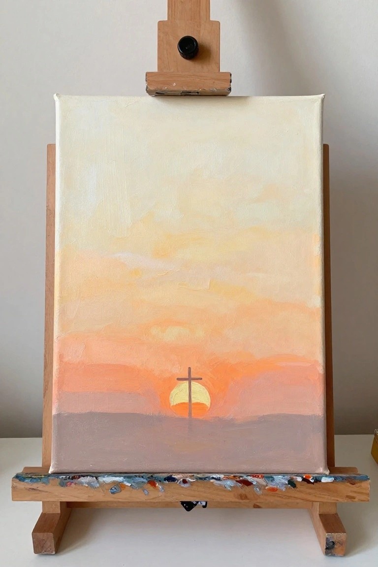 A painting on a wooden easel shows a minimalist sunset scene with a cross silhouette in front of the sun over a muted ground.