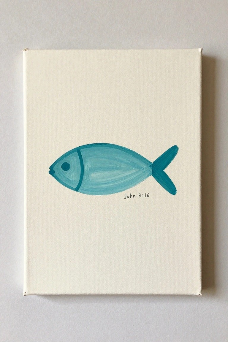 Teal fish painting on white canvas with John 3:16 text below.
