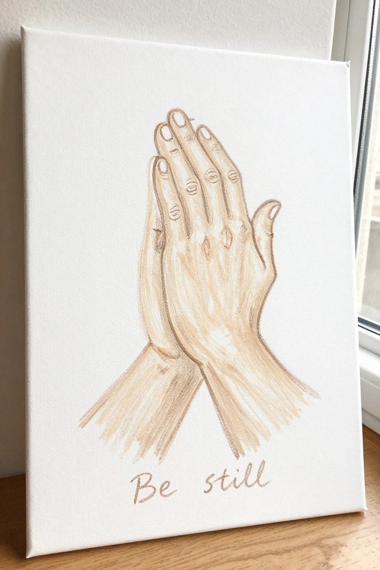 White canvas with brown-toned drawing of clasped praying hands and 
