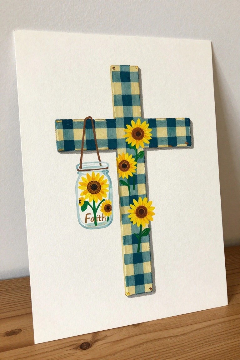 Blue-yellow gingham cross with sunflowers and hanging faith mason jar