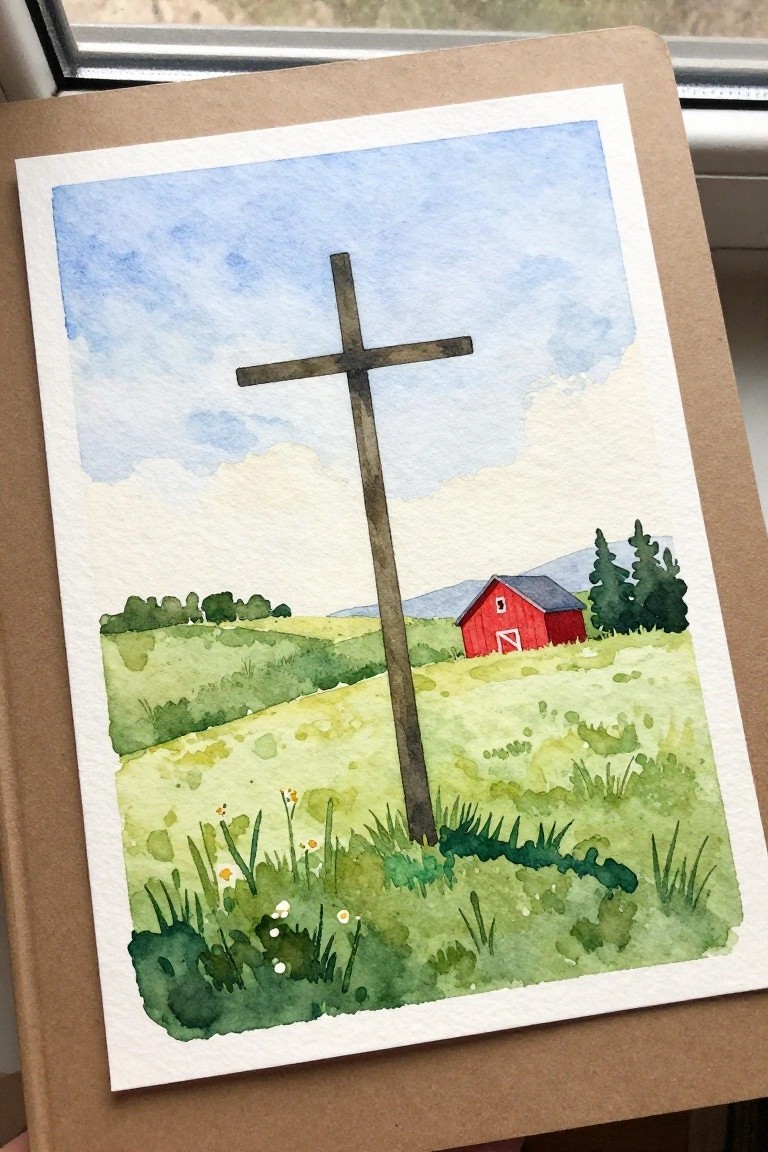 Watercolor landscape of wooden cross in green field with red barn and rolling hills.