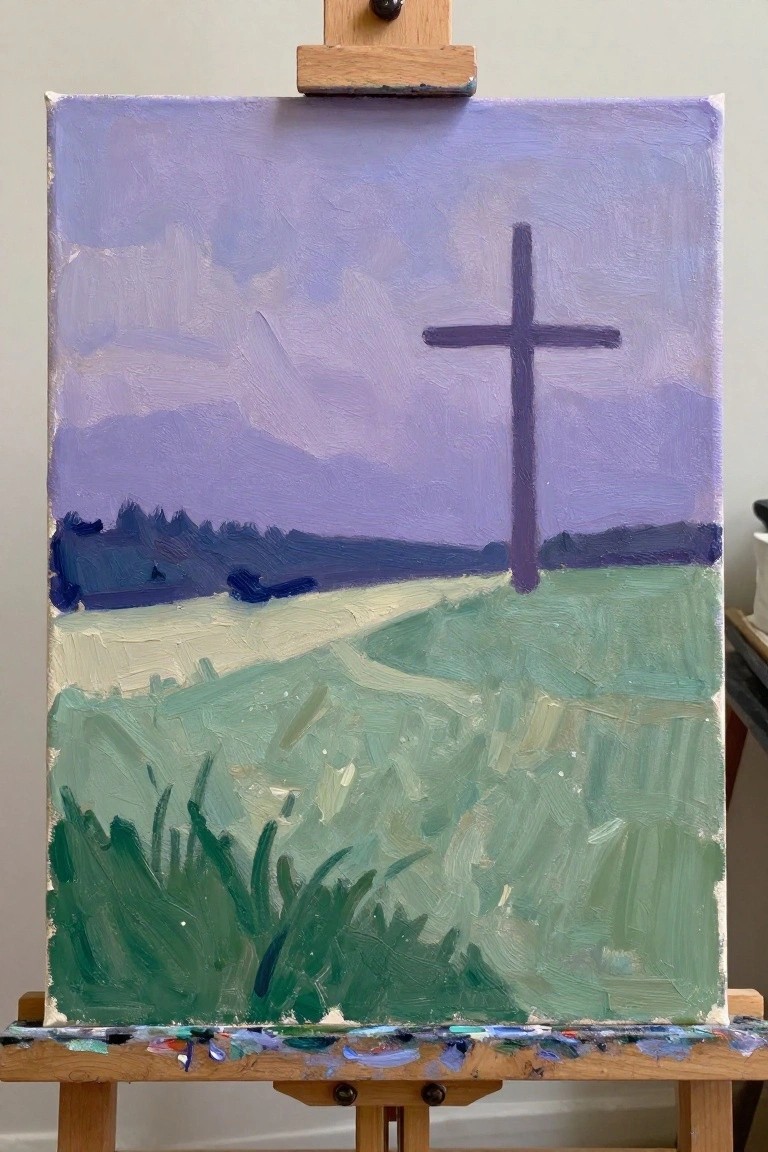 Landscape painting on easel of green fields under purple sky with dark cross