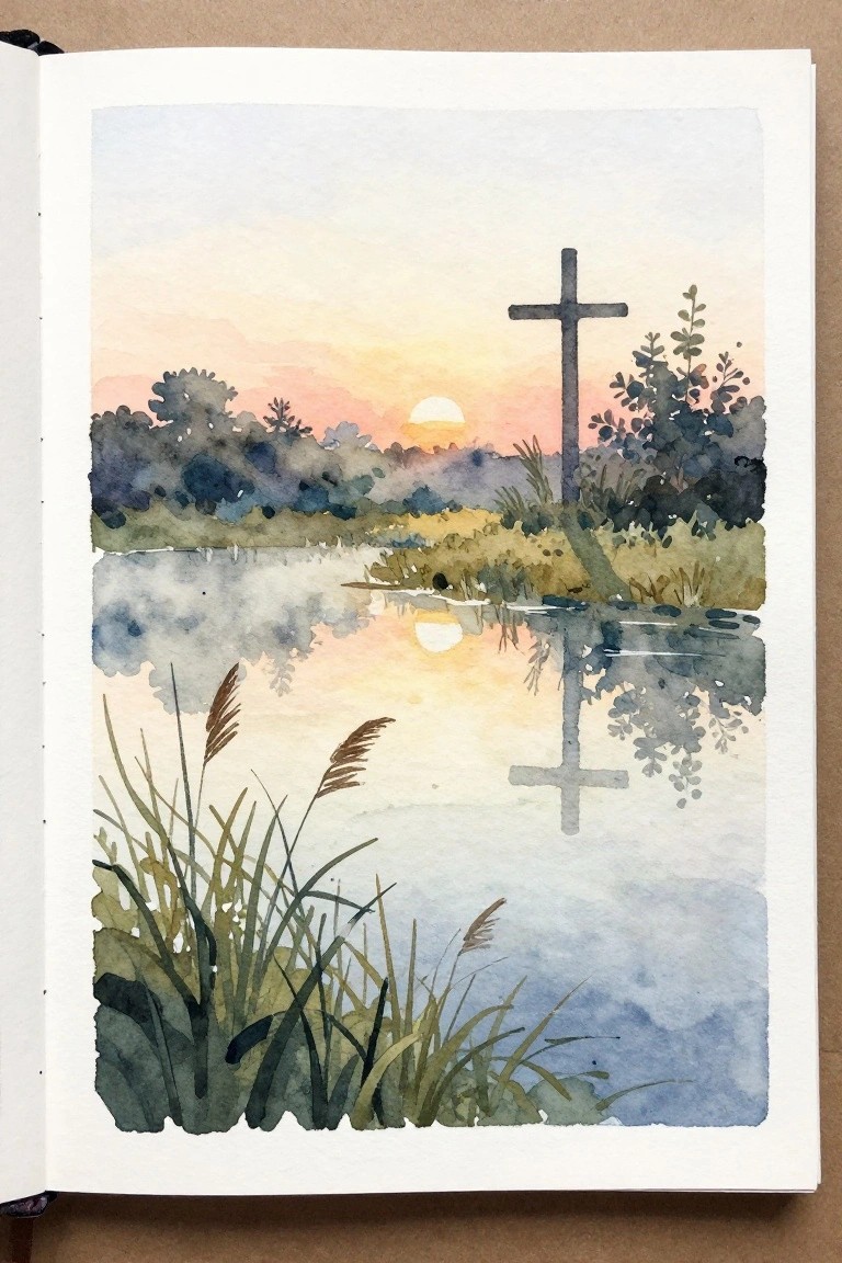 Watercolor sunset landscape with cross reflected in water, reeds and trees in foreground.