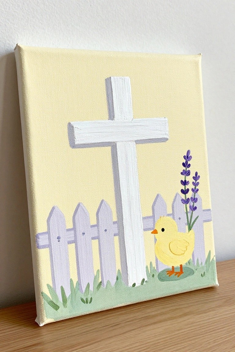 White cross, yellow chick, purple fence with lavender on pale yellow canvas with grass.