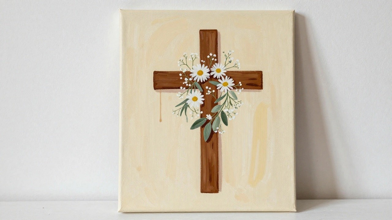 Brown cross with white daisy wreath on beige canvas painting