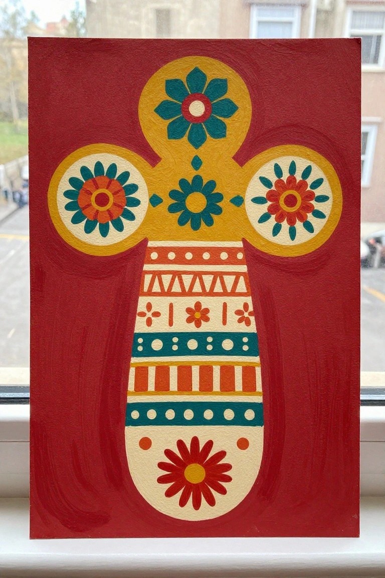Folk art painting of stylized figure with colorful floral and geometric patterns on red.