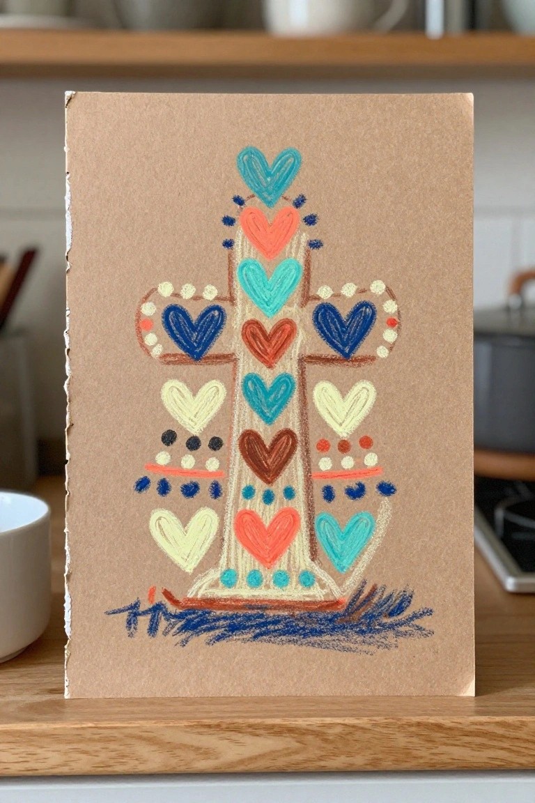Hand-drawn multicolored hearts forming a Christmas tree on brown paper card