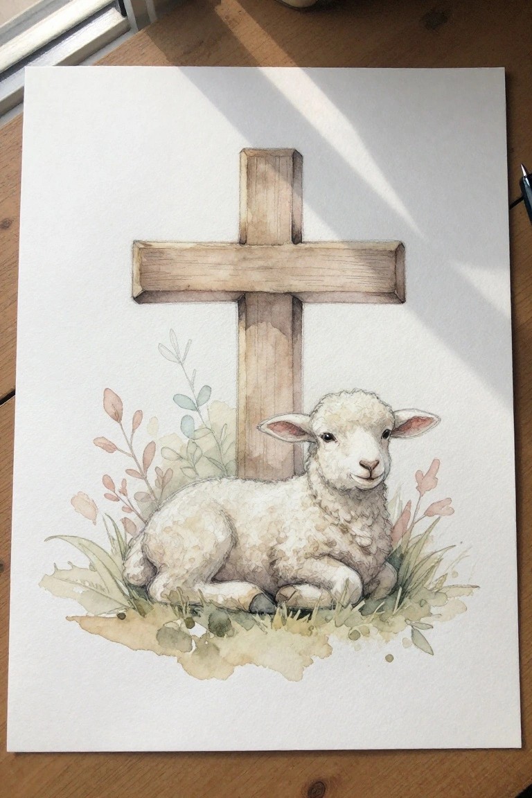 Watercolor of wooden cross behind resting white lamb amid soft foliage and grass