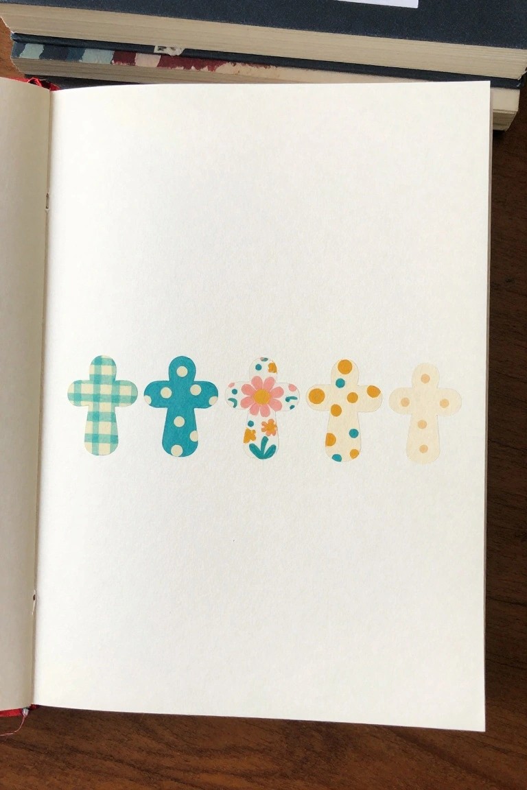 Five colorful patterned crosses aligned horizontally on an open book's blank page.