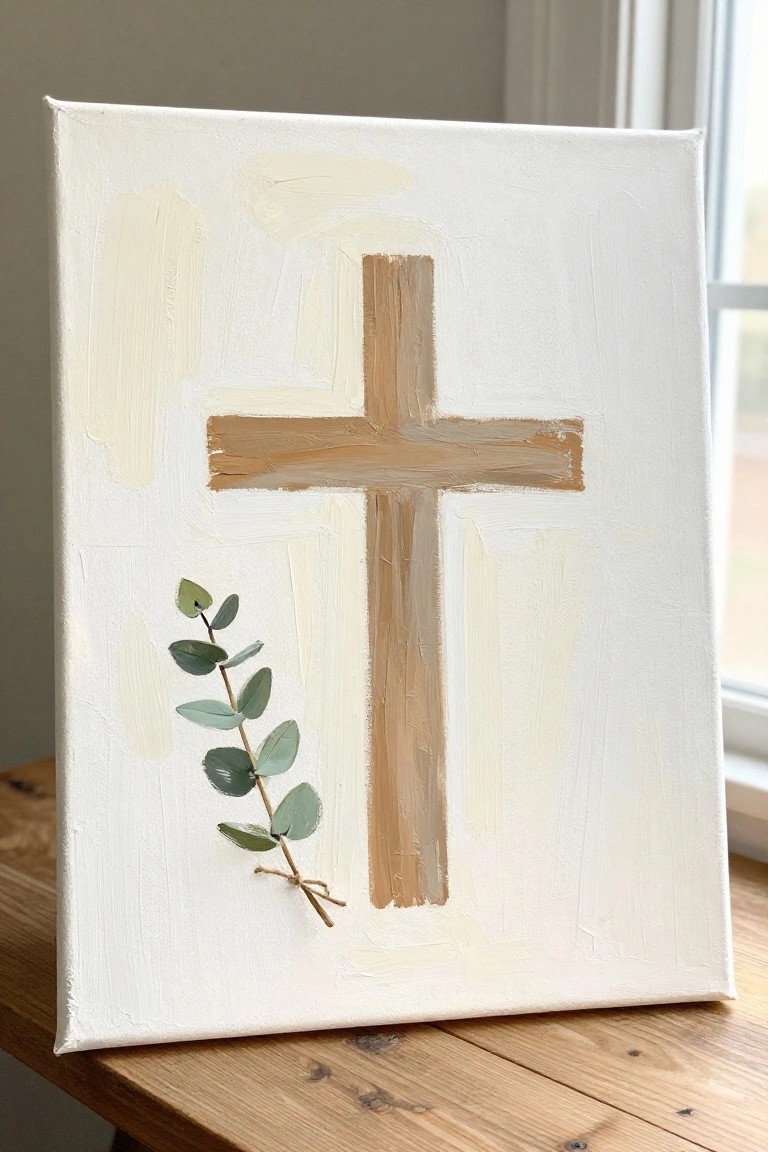 White canvas with brown cross and eucalyptus branch on wooden surface