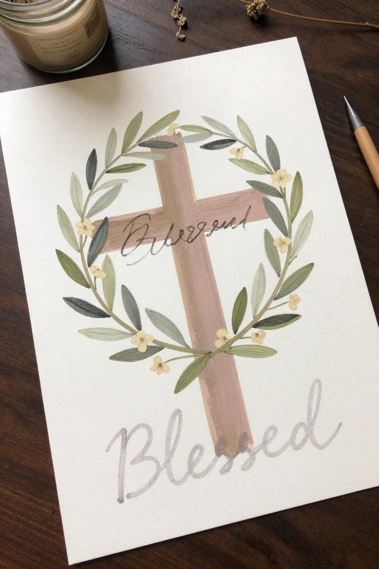 Watercolor cross with green floral wreath and 