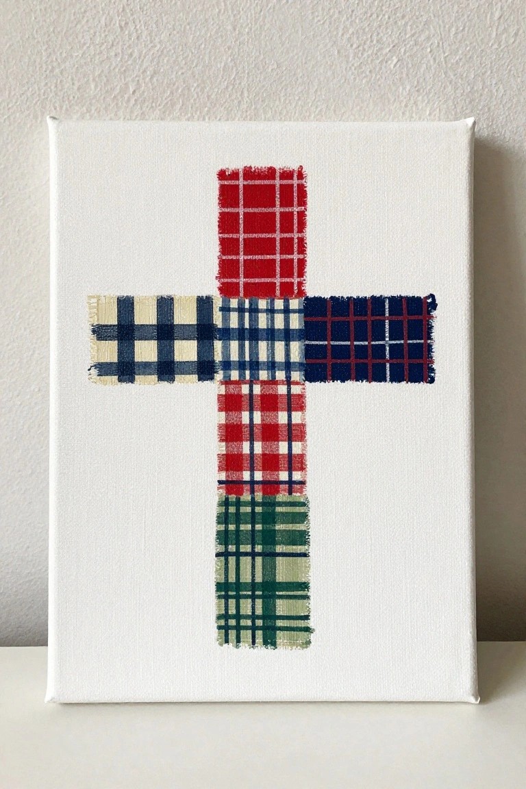 White canvas with cross of red, blue, and green plaid fabric sections