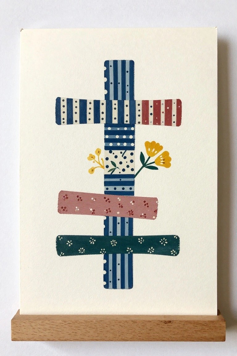 Colorful patterned cross with yellow flowers on white paper atop wooden stand.