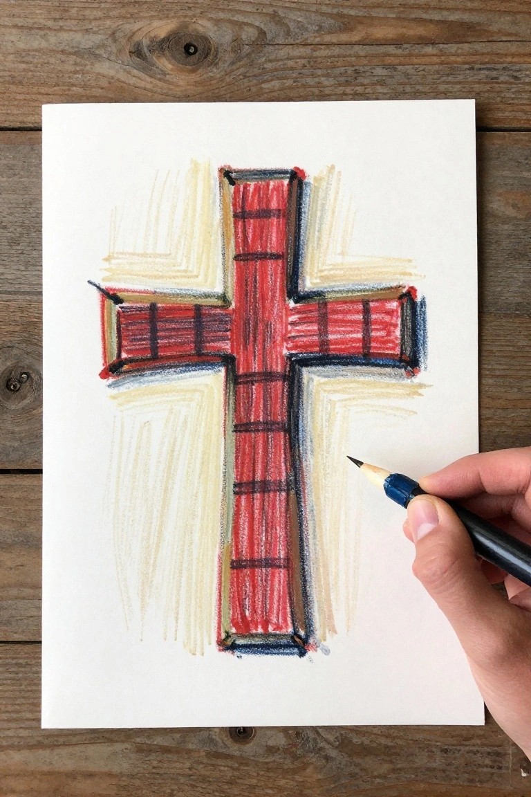 Hand coloring red cross with black outline and yellow shading on white paper