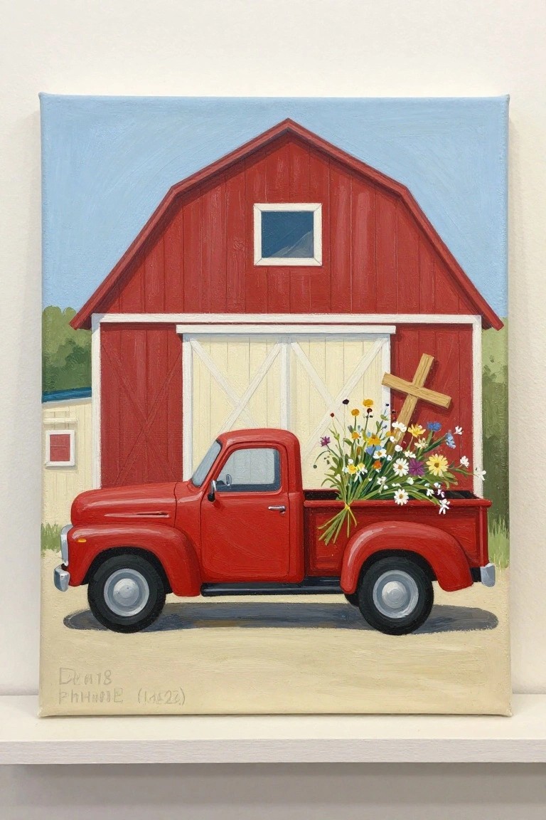 Red barn behind vintage red truck carrying wildflowers and wooden cross.
