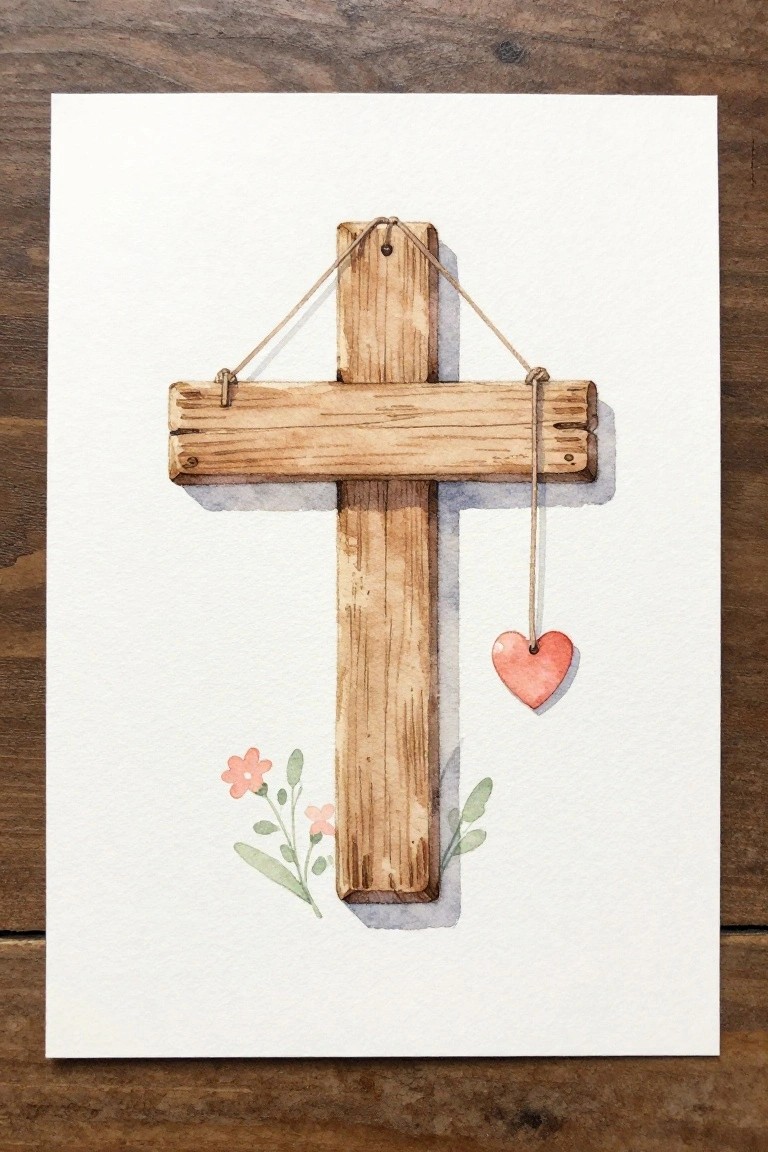 Watercolor of rustic wooden cross with hanging pink heart and small flowers below