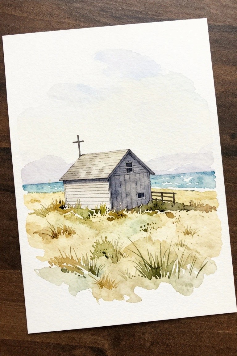 Watercolor of small gray wooden chapel with cross on sandy grassy dunes by sea