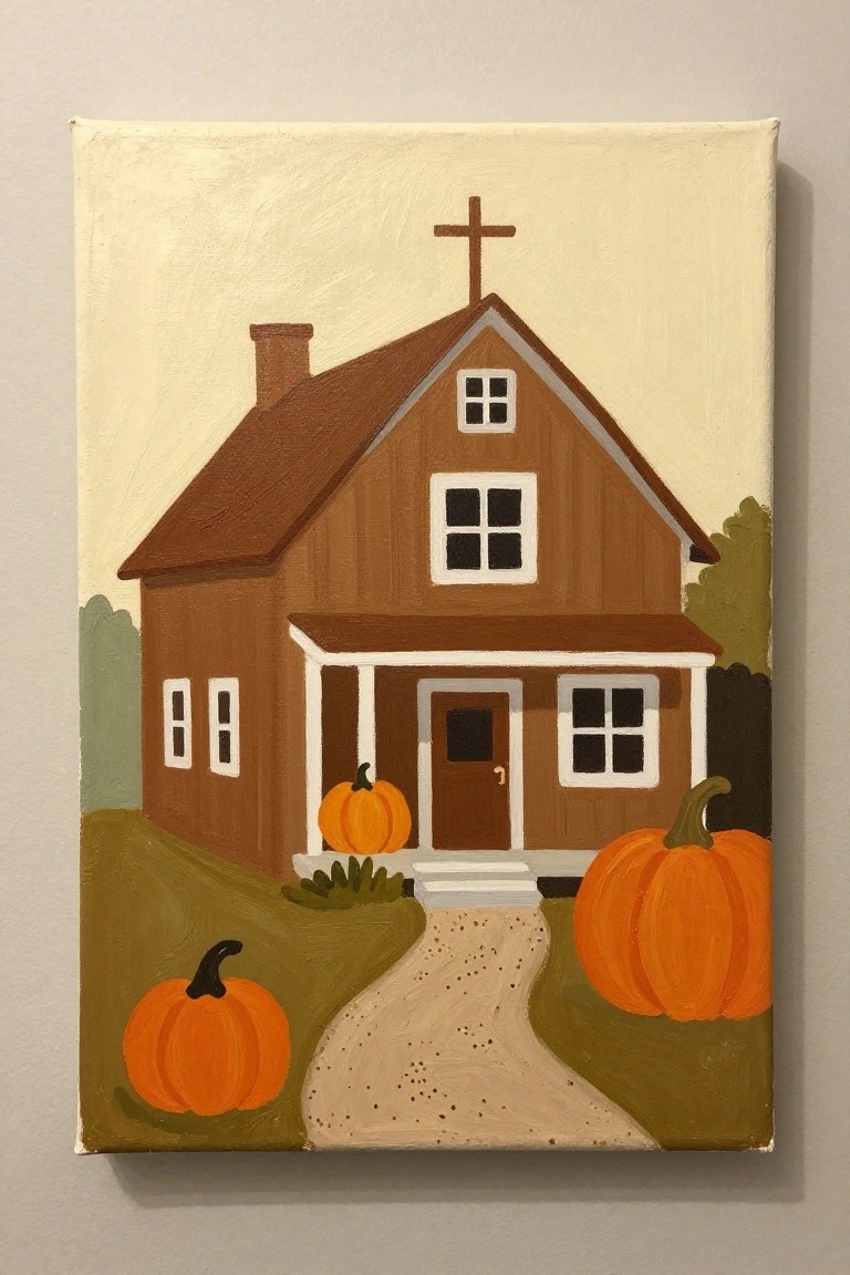 Brown church house with cross, white trim, and three orange pumpkins