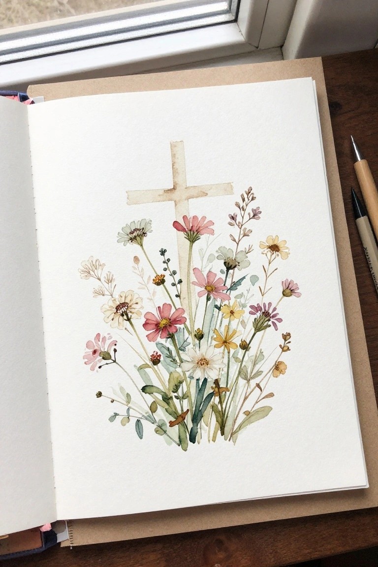 Watercolor cross with colorful wildflowers in open sketchbook beside pens on wood.
