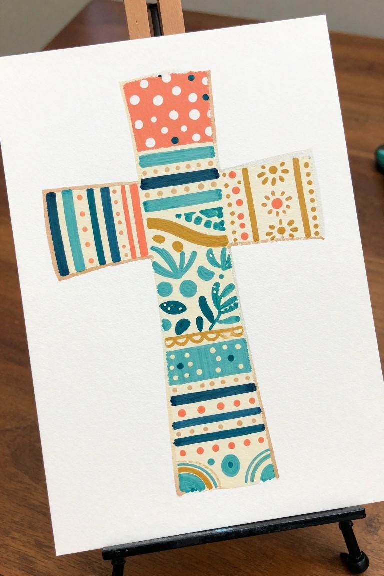 Colorful patterned cross with dots, stripes, florals in coral and teal on easel