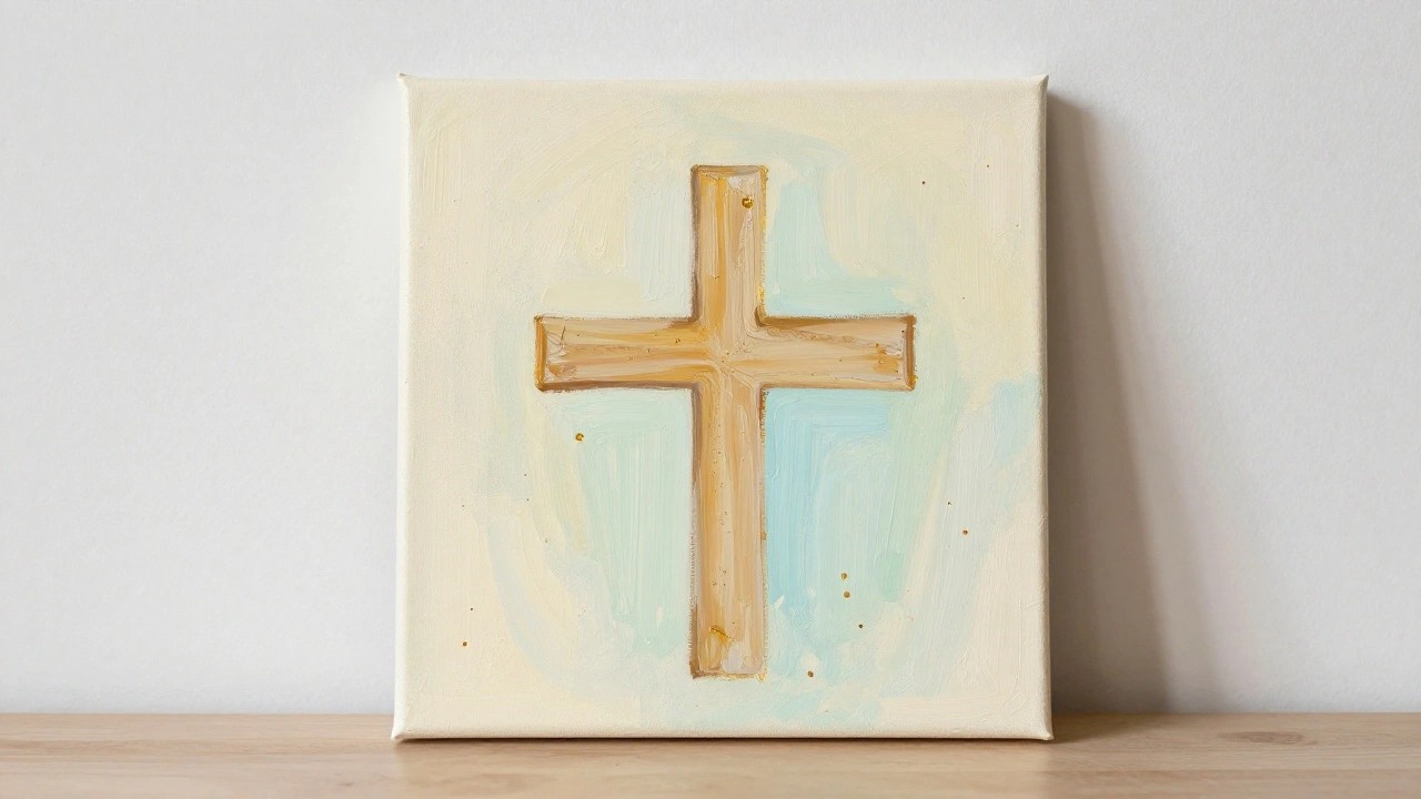 Wooden cross on canvas with cream fading to light blue background and gold dots.
