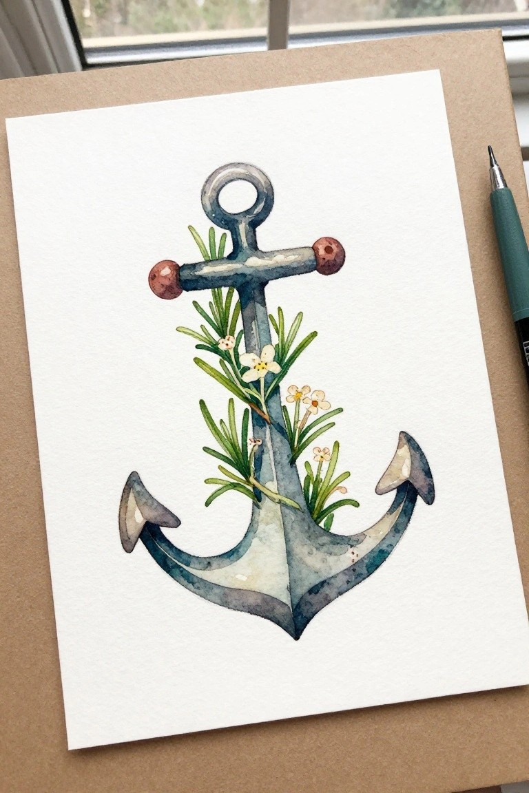 A watercolor painting of a blue anchor with small white flowers and green plants growing through its center on white paper.