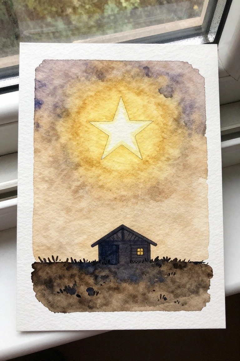 Watercolor of glowing yellow star above small dark cabin with one lit window on brown ground.