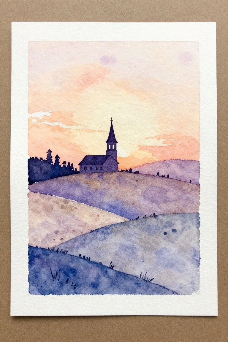 Watercolor of silhouetted church steeple on rolling purple hills under orange-pink sunset sky.