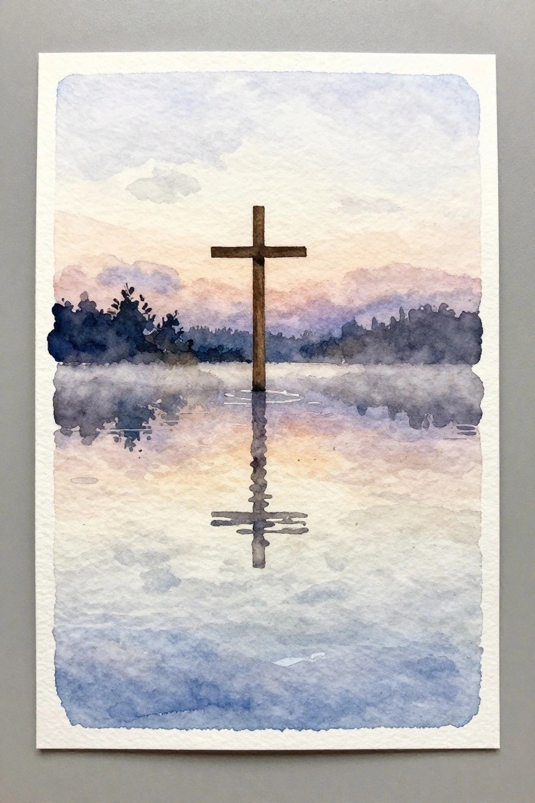 Watercolor of wooden cross reflected in calm misty waters with pastel hills and trees