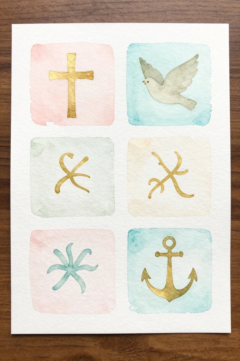 Watercolor grid of six pastel squares with gold symbols: cross, dove, Chi-Rho, anchor.